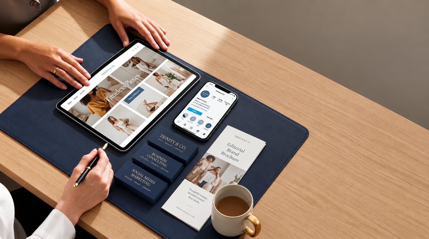 Collaborative workspace showcasing digital web design, social media marketing, and premium print collateral