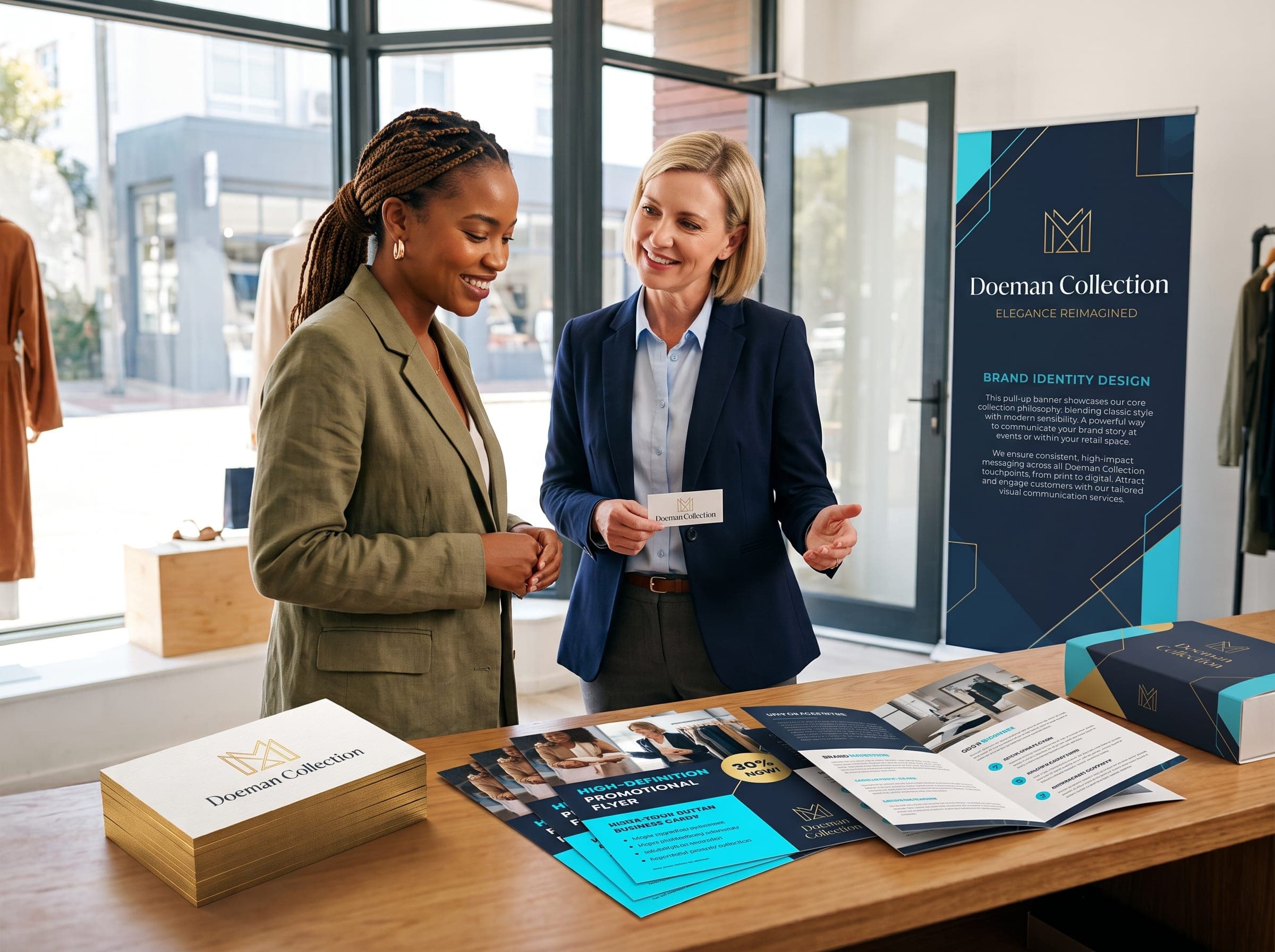 Complete branding and printing suite with pullup banner, business cards, and flyers